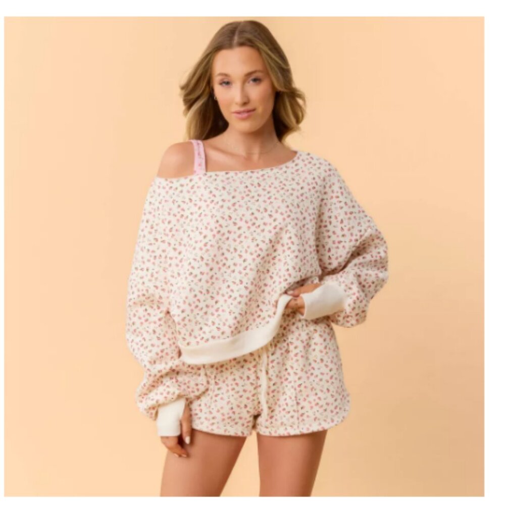 NWT Blogilates Women's Dance Studio Off the Shoulder Sweatshirt -Cream Floral -M